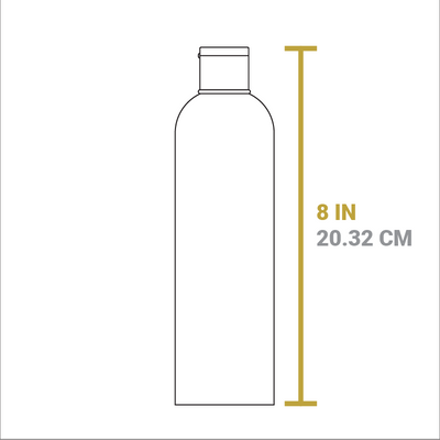 Dimensional drawing of Enamel cleaner bottle. Height is 8 inches.