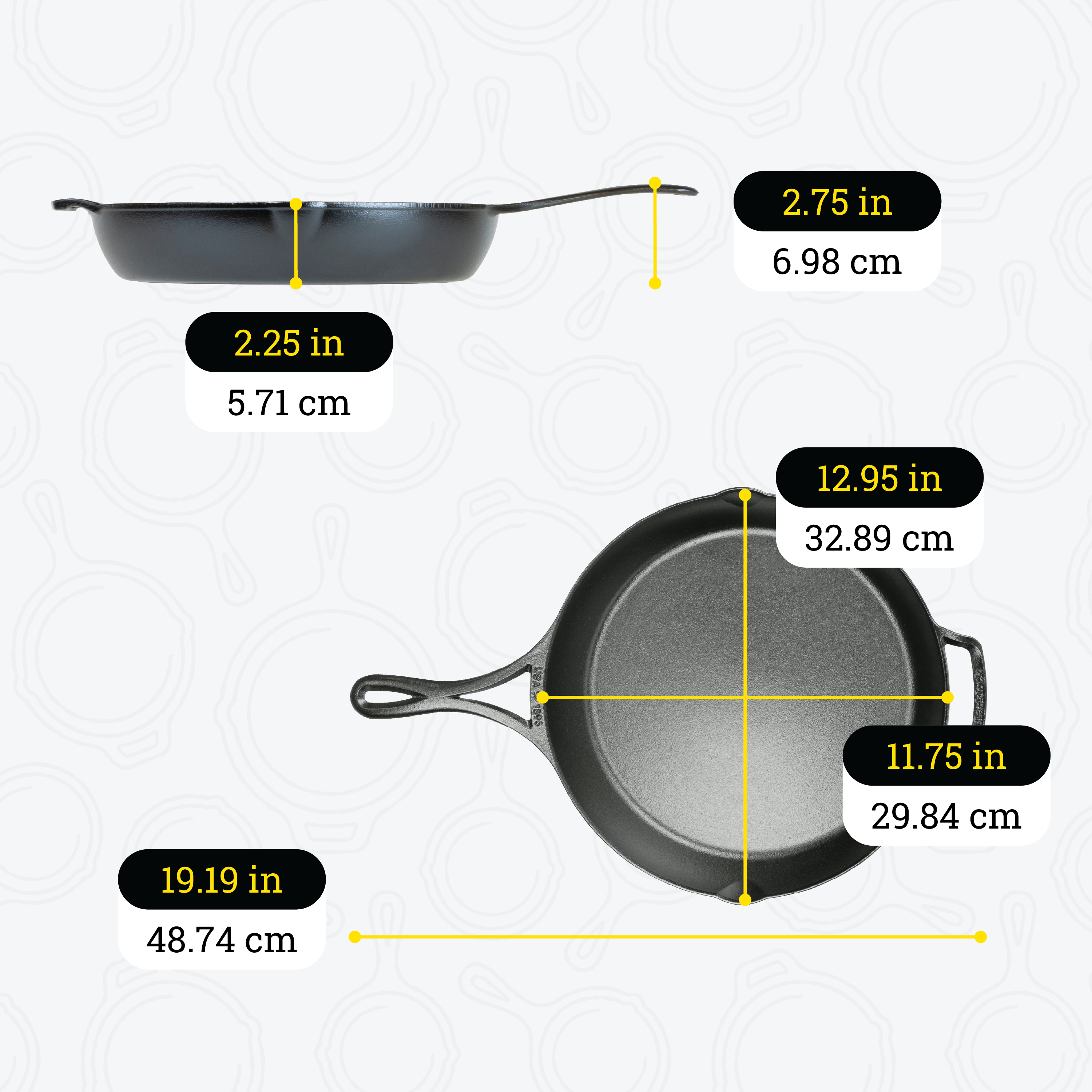 Dimensional drawing of product. Total length including handle is 19.19 inches, length of cooking surface is 11.75 inches, and width of cooking surface from pour spout to pour spout is 12.95 inches, depth of cooking surface is 2.25 inches, height of handle from bottom is 2.75 inches, total width is 12.95 inches.