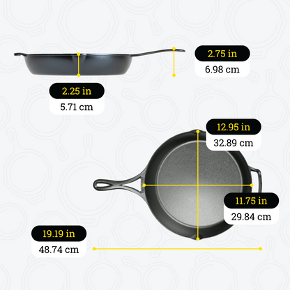 Dimensional drawing of product. Total length including handle is 19.19 inches, length of cooking surface is 11.75 inches, and width of cooking surface from pour spout to pour spout is 12.95 inches, depth of cooking surface is 2.25 inches, height of handle from bottom is 2.75 inches, total width is 12.95 inches.