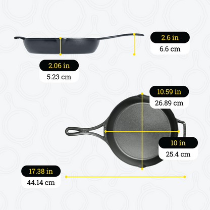 Dimensional drawing of product. Total width is 10.59 inches, depth of cooking surface is 2.06 inches, height of handle from bottom is 2.6 inches, total length including handle is 17.38 inches, length of cooking surface is 10 inches, and width of cooking surface from pour spout to pour spout is 10.59 inches.