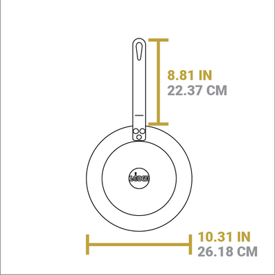 Dimensional drawing of product. Width of skillet is 10.31 inches, length of handle is 8.81 inches.