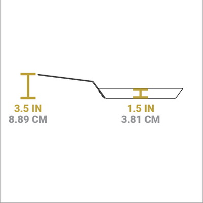 Dimensional drawing of product. Depth of cooking surface is 1.5 inches, height of handle from bottom is 3.5 inches.