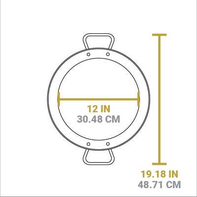 Dimensional drawing of product. Cooking surface width is 12 inches, length from handle to handle it 19.18 inches.