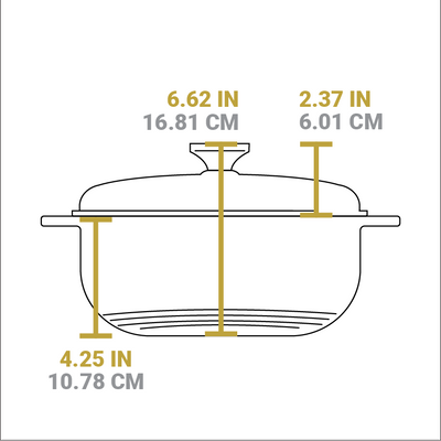 Dimensional drawing of product. Total height including lid knob is 6.62 inches, height of cooking surface is 4.25 inches, height of lid is 2.37 inches.
