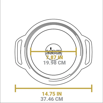 Dimensional drawing of product. Total width handle to handle is 14.75 inches, width of flat bottom is 7.87 inches.
