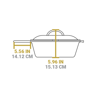 Dimensional drawing of product. Total height with lid is 5.96 inches, length of handle is 5.56 inches.