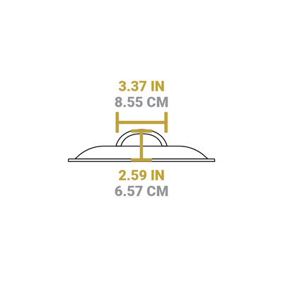 Dimensional drawing of product lid. Width of handle is 3.37 inches, total height is 2.59 inches.