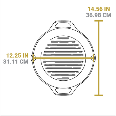 Dimensional drawing of product. Total width including handles is 14.56 inches, width of pan from pour spout to pour spout is 12.25 inches.