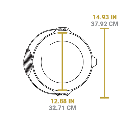 Dimensional drawing of product. Width of cooking surface is 12.88 inches, total length is 14.93 inches.