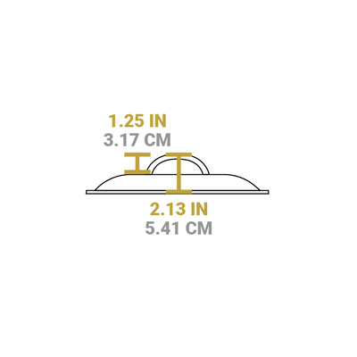 Dimensional drawing of product lid. Total height is 2.13 inches, height of handle is 1.25 inches.