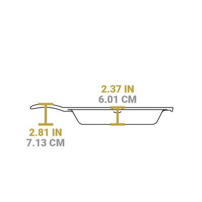 Dimensional drawing product. Depth of skillet is 2.37 inches, handle length is 2.81 inches.