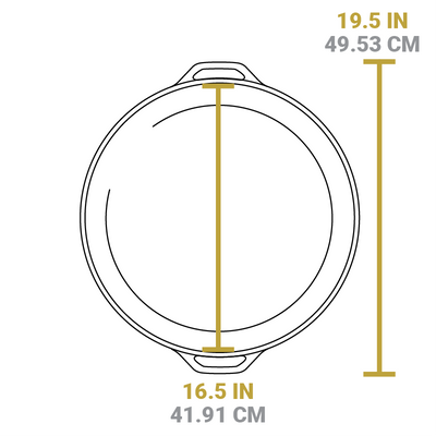 Dimensional drawing of product. Total width from handle to handle is 19.5 inches, width of cooking surface is 16.5 inches.