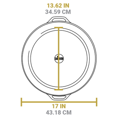 Dimensional drawing of product. Flat bottom width is 13.62 inches, total width is 17 inches.
