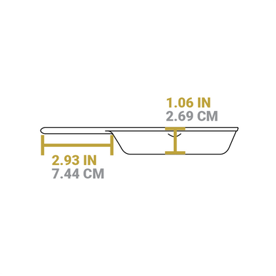 Dimensional drawing of product. Depth of cooking surface is 1.06 inches, and length of handle is 2.93 inches.