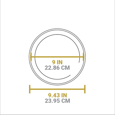 Dimensional drawing of product. Width of cooking surface is 9 inches, total width is 9.43 inches.
