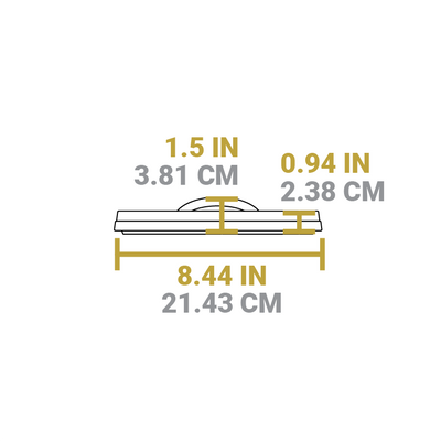 Dimensional drawing of product. Total width is 8.44 inches, height from bottom to top of handle is 1.5 inches, and height of lid portion is 0.94 inches.