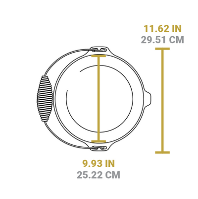 Dimensional drawing of dutch oven. Width of cooking surface is 9.93 inches, total length is 11.62 inches.