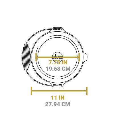 Dimensional drawing of dutch oven. Width of flat bottom is 7.75 inches, total width is 11 inches.