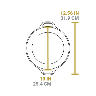 Dimensional drawing of dutch oven. Width of dutch oven cooking surface is 10 inches, total width from handle to handle is 12.56 inches.