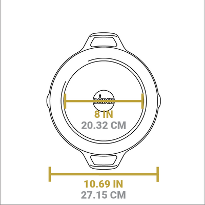 Dimensional drawing of product. Total length is 10.69 inches, width of flat bottom is 8 inches.