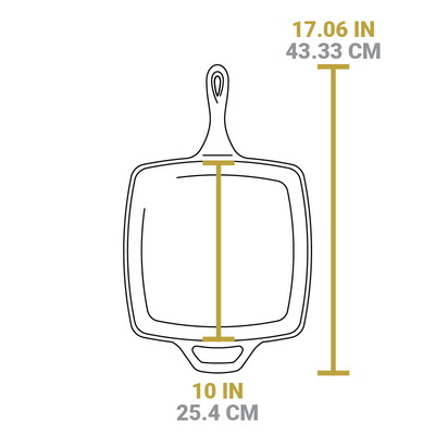 Dimensional drawing of product. Cooking surface is 10 inches. Total length including handle is 17.06 inches.
