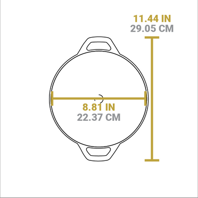 Dimensional drawing of product. Total width from handle to handle is 11.44 inches, length of cooking area is 8.81 inches.