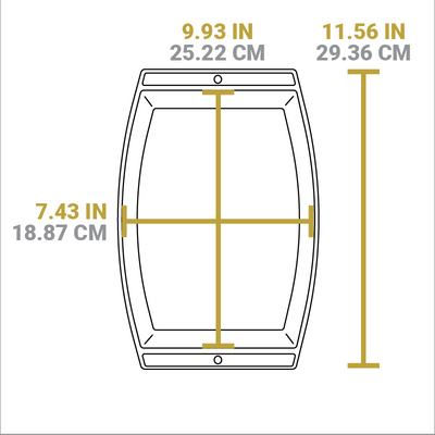 Dimensional drawing of product. Width of cooking surface is 9.93 inches, length of cooking surface is 7.43 inches, and total width is 11.56 inches.
