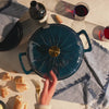 Close-up view of the sunburst pattern on dutch oven