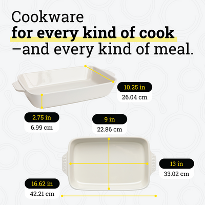 Dimensional drawings of casserole dish. Product height is 2.75 inches, width is 10.25 inches, length is 16.62 inches. Cooking surface width is 9 inches, surface length is 13 inches.