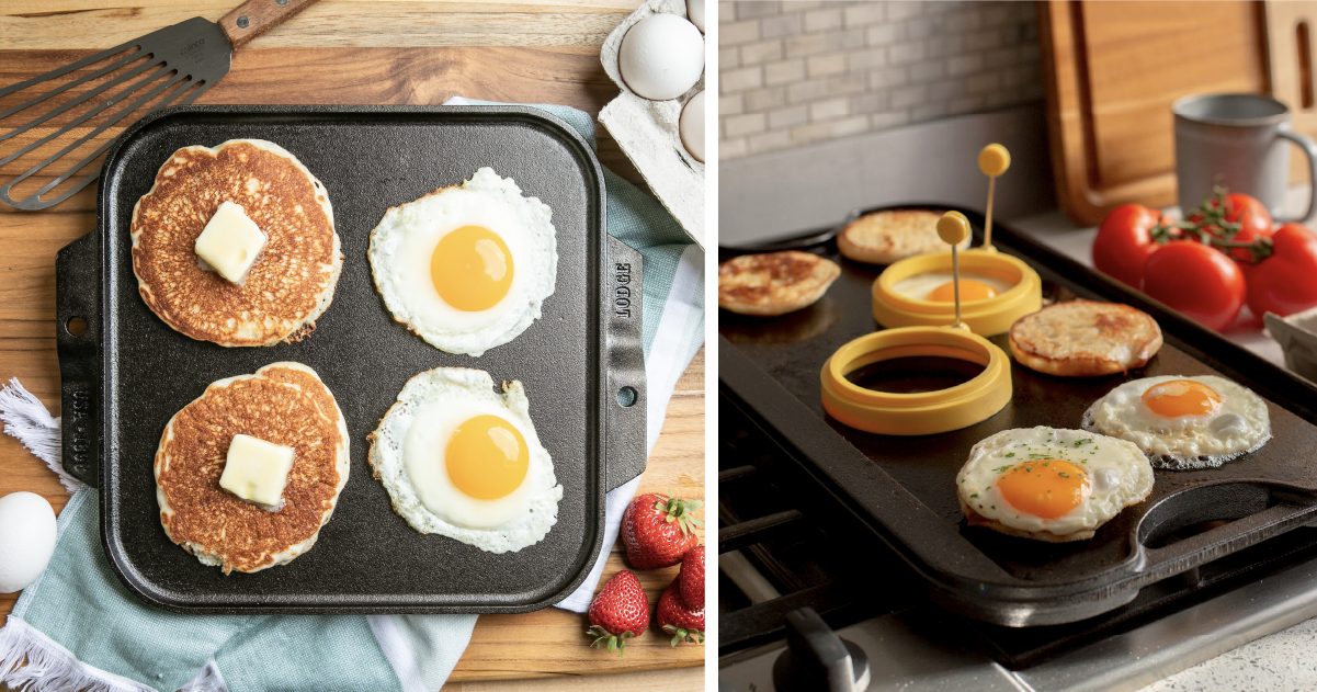 Collage of two photos featuring Lodge cast iron square griddle and cast iron reversible grill/griddle.